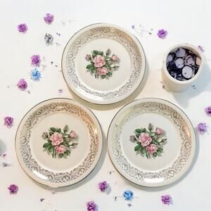 Georgian China Set Of 3 VTG Tudor Rose 9" Diameter 22 Karat Gold Dinner Plates